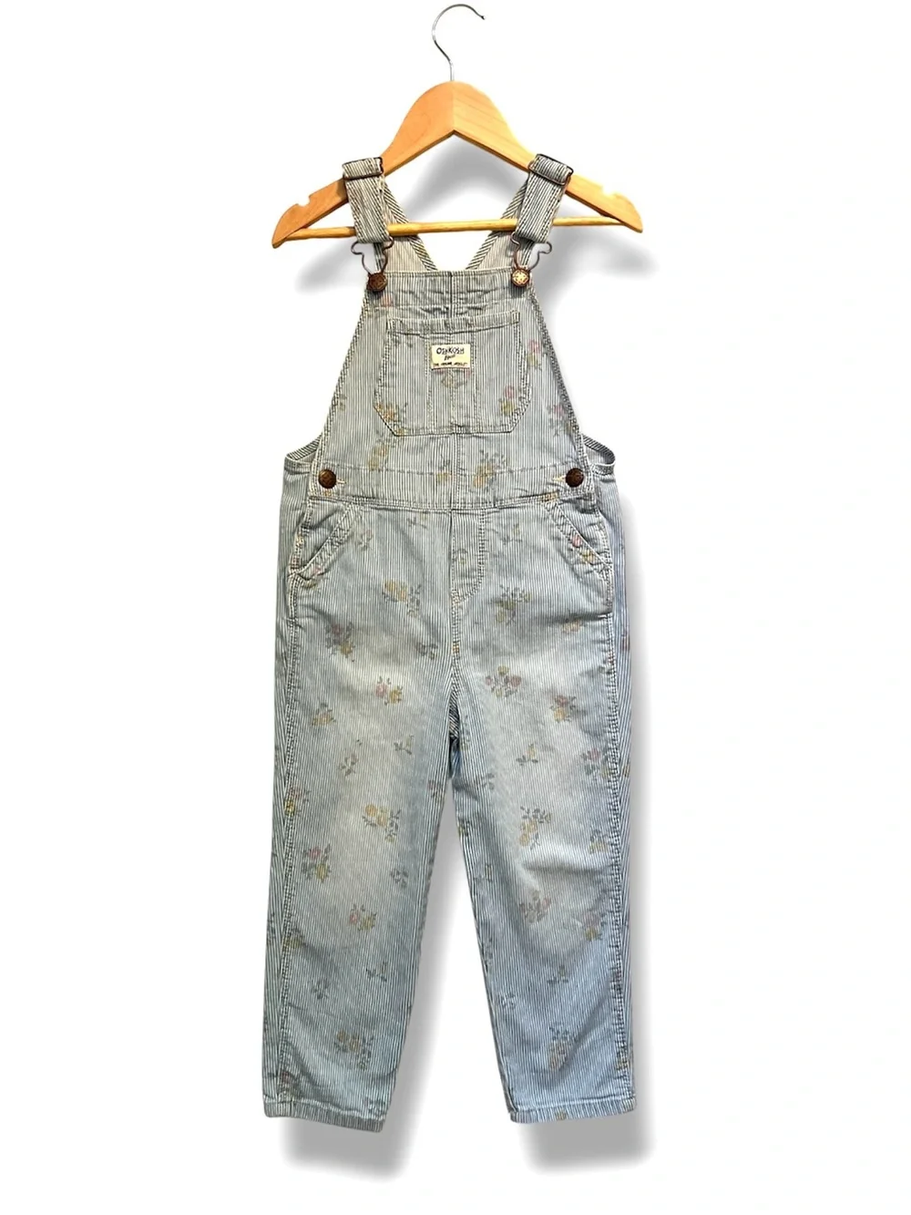 OshKosh B’gosh Floral Stripe Overalls Girls 4T Cottagecore Denim Dungarees